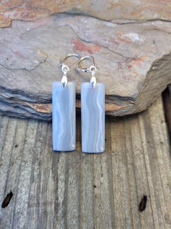 Long rectangle blue lace agate earrings.  Silver blue lace agate earrings. Gold blue lace agate. Rose gold blue lace agate