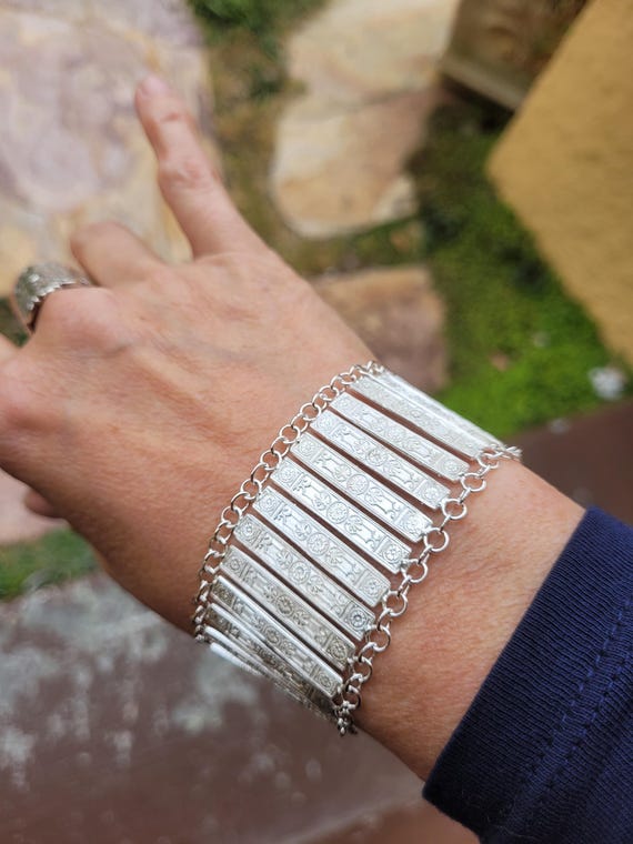 All hand made Art deco 1900's one of a kind sterling silver antique style bar bracelet. Handmade unique with dainty embellishing design