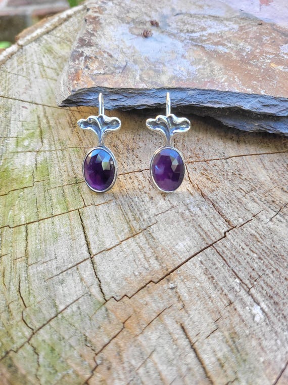 Sterling silver dark purple amethyst earrings.   One of a kind amethyst earrings