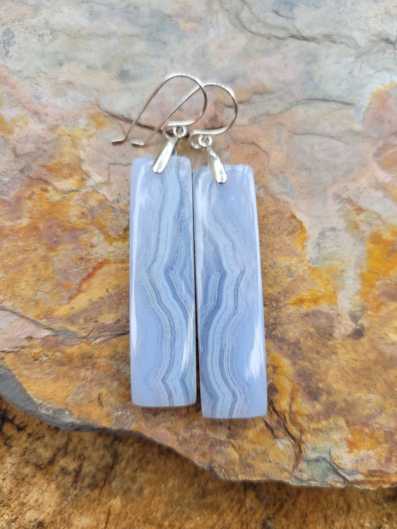 Long rectangle blue lace agate earrings.  Silver blue lace agate earrings. Gold blue lace agate. Rose gold blue lace agate