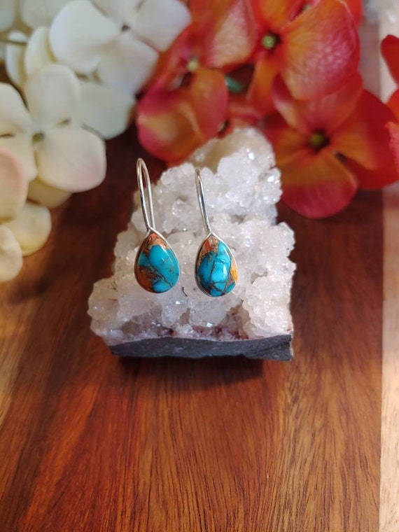Sweet spiny oyster turquoise earrings.   Turquoise earrings. Available in sterling silver only. Mosaic earrings