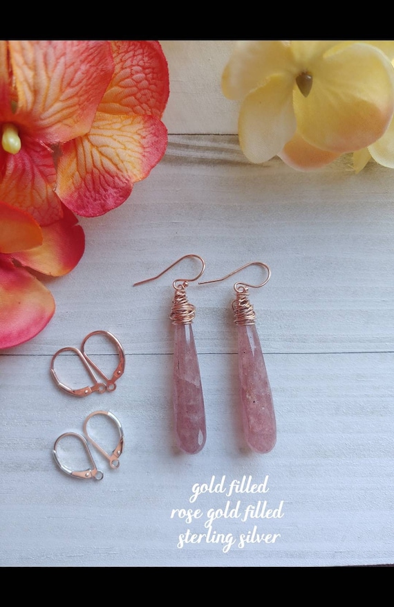 Long strawberry quartz earrings.   Sterling silver strawberry quartz. Gold strawberry quartz. Rose gold strawberry quartz