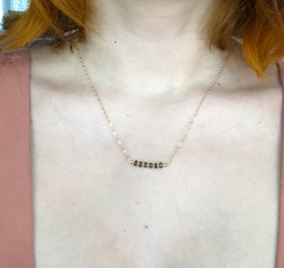 Dainty beaded real moldavite necklace. Tektite necklace. Rose Gold gold filled or sterling silver  available.  REAL Moldavite