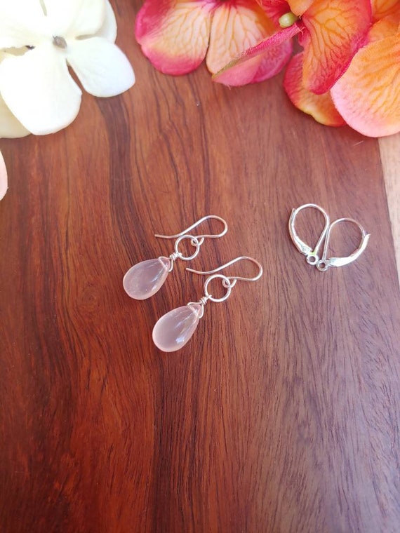 Dainty rose quartz earrings.  Teardrop rose quartz earrings.  Sweet pink earrings. Dainty rose quartz earrings