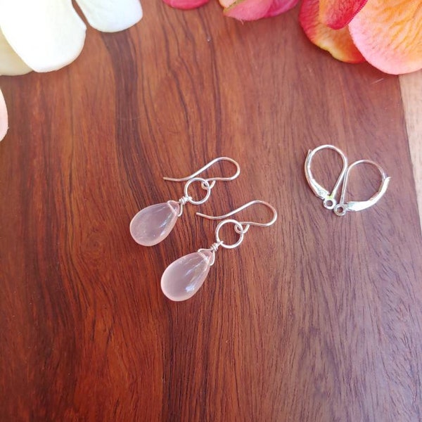 Dainty rose quartz earrings.  Teardrop rose quartz earrings.  Sweet pink earrings. Dainty rose quartz earrings