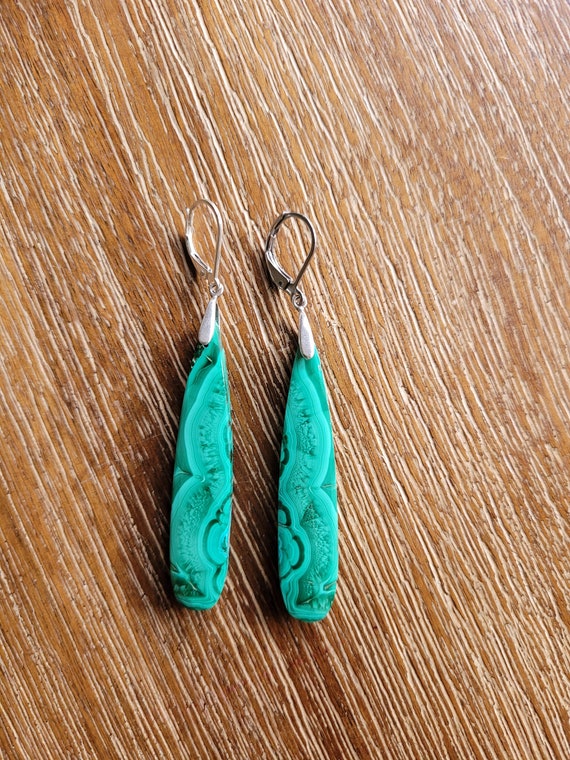 Long malachite earrings. Sterling silver malachite earrings