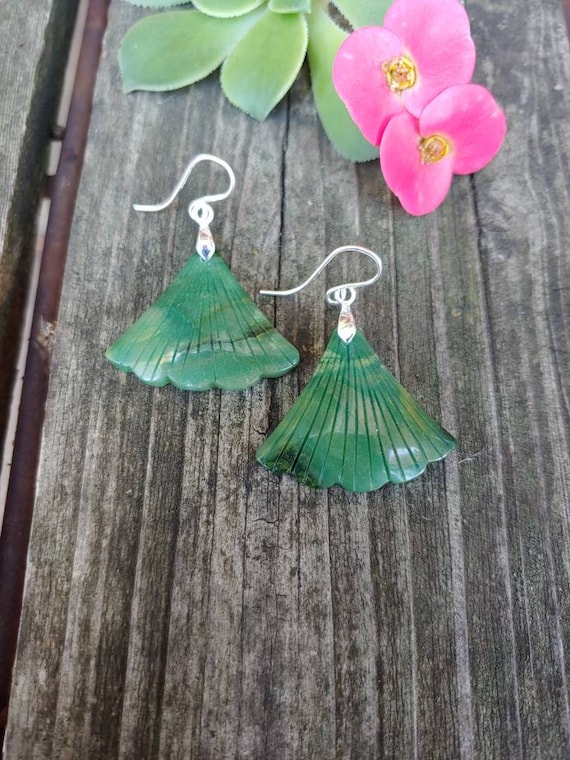 Just listed! Carved jade earrings. Ginko earrings.  Ginko leaf. Jade ginko earrings