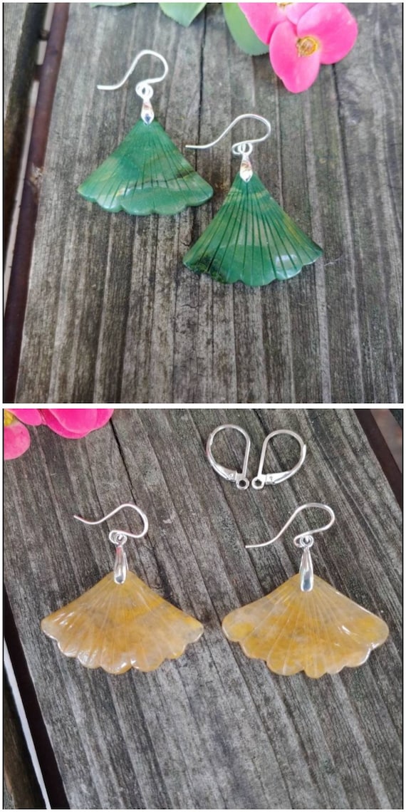 Just listed! Carved jade earrings. Ginko earrings.  Ginko leaf. Jade ginko earrings