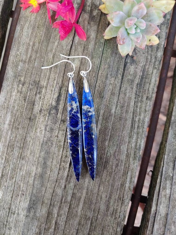 Unique Lapis lazuli earrings.  Sterling silver lapis earrings.  Long lapis earrings