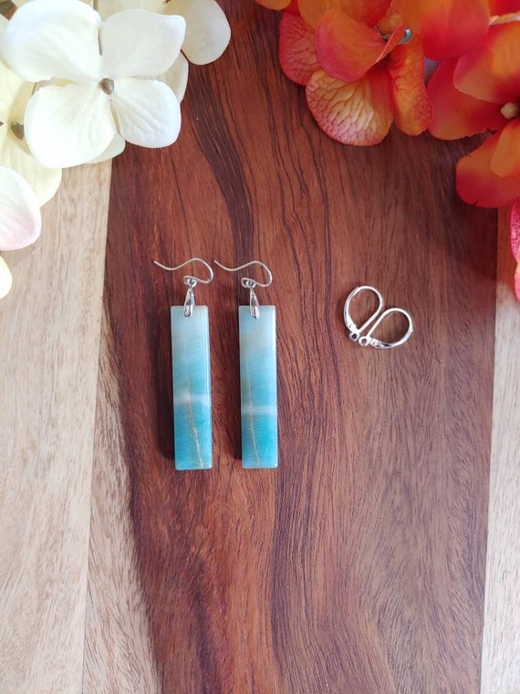 Unique amazonite earrings. Available in sterling silver only. Long amazonite earrings