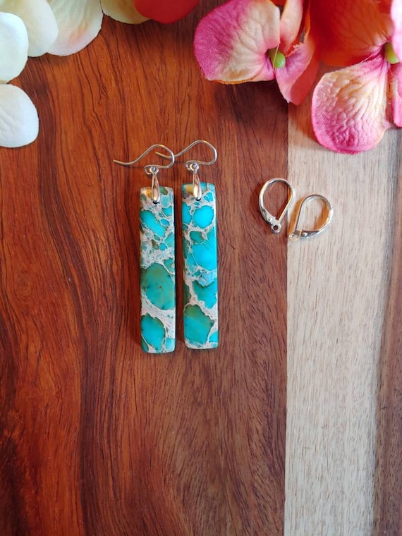 Long Turquoise sediment jasper earrings. Silver jasper earrings.