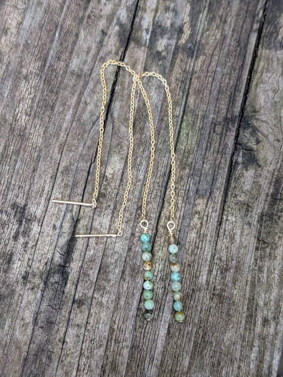 Stacked turquoise threader earrings. Gold threader earrings.  Rose gold threader earrings. Silver threader earrings. Turquoise earrings