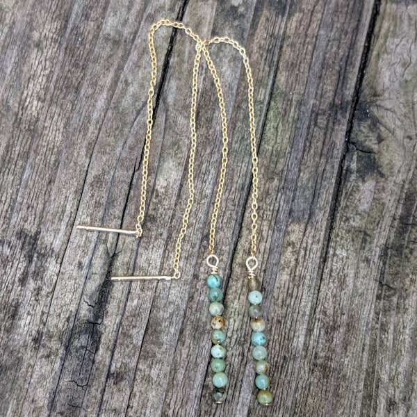 Stacked turquoise threader earrings. Gold threader earrings.  Rose gold threader earrings. Silver threader earrings. Turquoise earrings