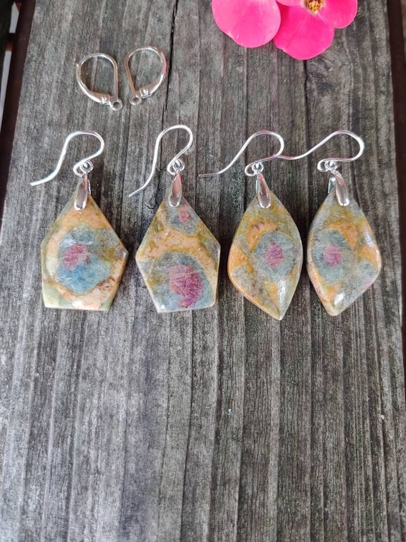 Unique ruby in fuchsite earrings. Ruby earrings.  Sterling silver ruby earrings