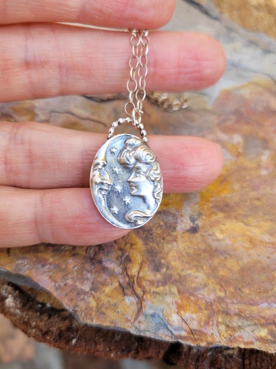 Art nouveau moon and woman pendant necklace. Sterling silver pendant necklace. 1900's French necklace