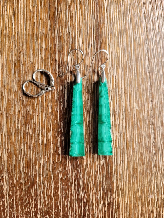 Long trapazoid azurite malachite earrings. Sterling silver green earrings
