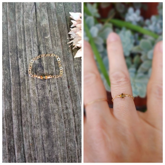 Authentic moldavite AND hematite ring.  Moldavite chain ring. Minimalist ring. Rose gold, gold and sterling silver available