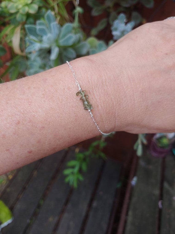 Chipped BAR moldavite bracelet. Tektite necklace. Gold, Rose Gold or sterling silver available.