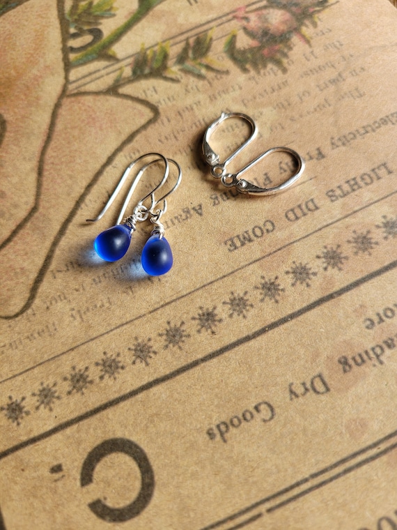 Cobolt blue sea glass earrings. Silver sea glass, gold sea glass, rose gold sea glass earrings. Frosted sea glass
