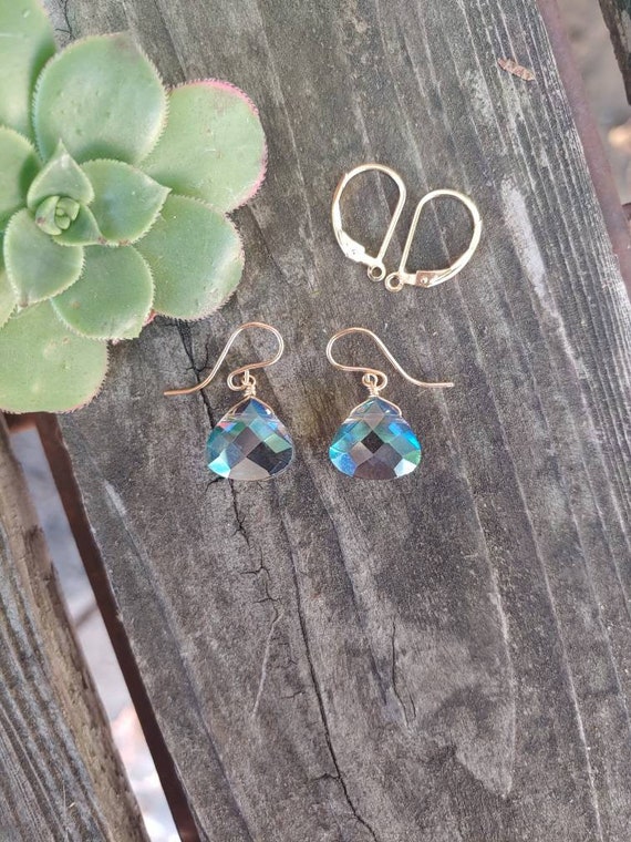 Faceted mystic london blue topaz earrings. Sterling silver, gold and rose gold London blue earrings. Sparkly blue earrings