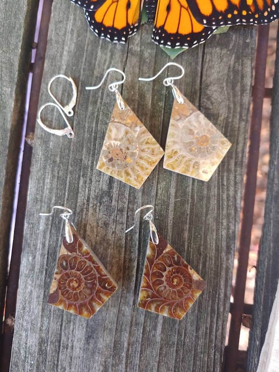 Unique fossil earrings. Sterling silver ammonite earrings.  Fossil jewelry. One of a kind