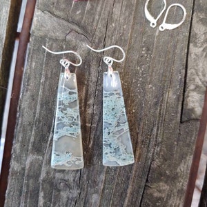 Long silver moss agate earrings.  Unique agate earrings