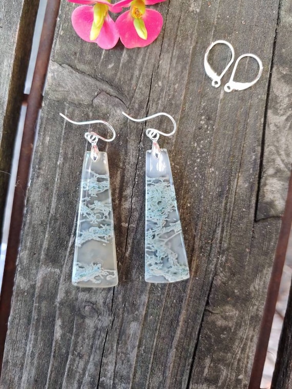 Long silver moss agate earrings.  Unique agate earrings