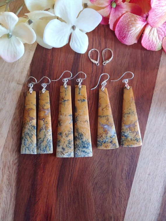 Long yellow Dendrite opal earrings. Silver yellow dendrite opal earrings.