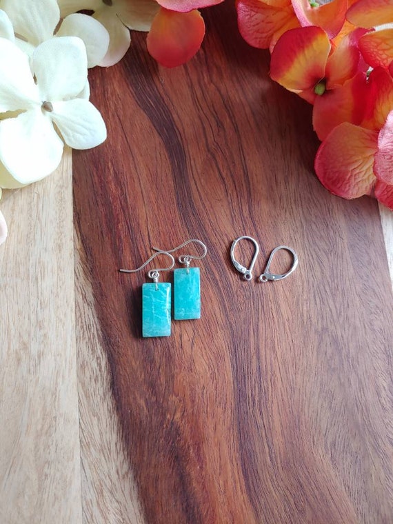 Cushion cut amazonite earrings.   Gold amazonite earrings.   Rose gold amazonite earrings