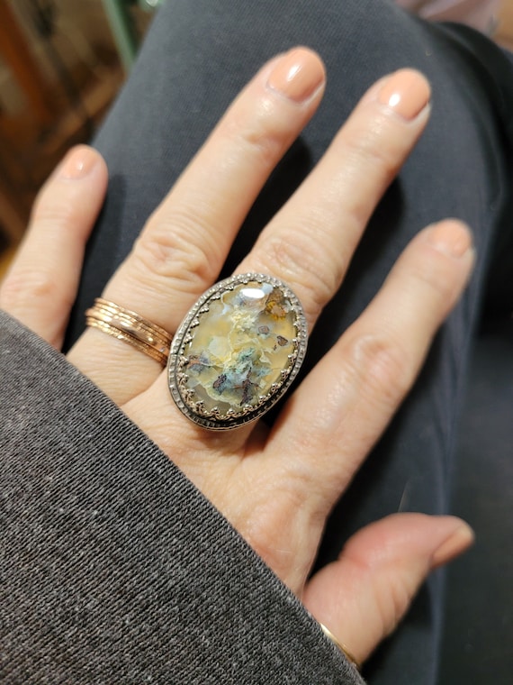 Just listed!!!  Sterling silver confetti copper chrysocolla agate statement ring.  Size 7 ready to ship