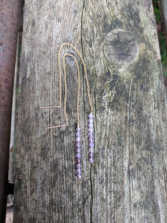 Stacked amethyst threader earrings.  Long amethyst earrings. Rose gold, gold, and sterling silver avail