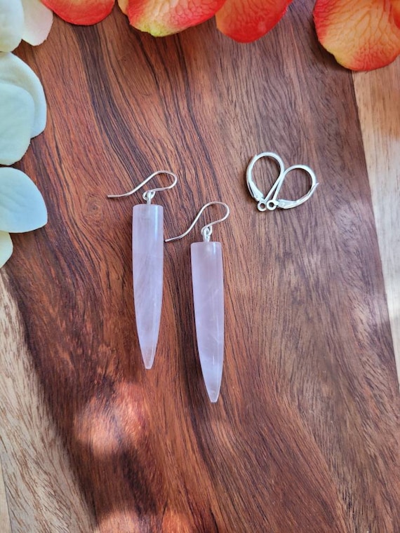 Spike rose quartz earrings.  Unique rose quartz earrings.  Long pink earrings. Sexy long pink earrings