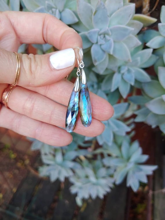 Clearance sale! Slender teardrop faceted Labradorite earrings.  Silver labradorite earrings.