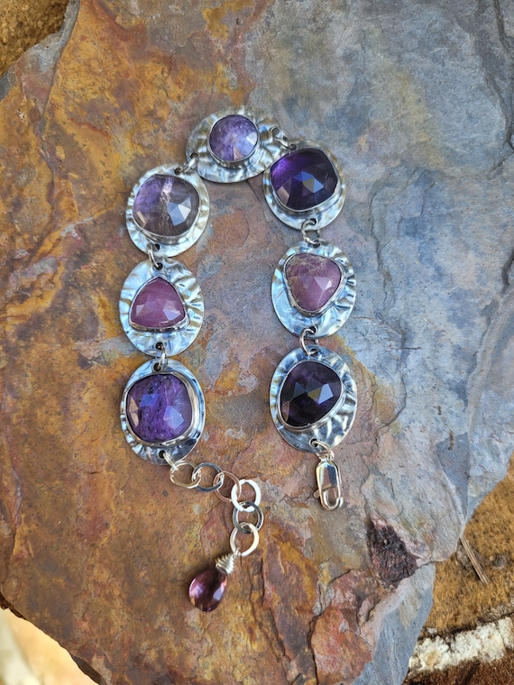 purple gemstone statement bracelet. One of a kind custom made piece. Multi stone bracelet.