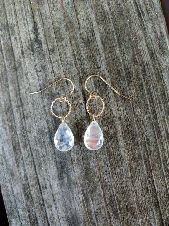 Moonstone earrings on twisted hoop. Silver moonstone earrings. Gold moonstone earrings. Simple moonstone earrings