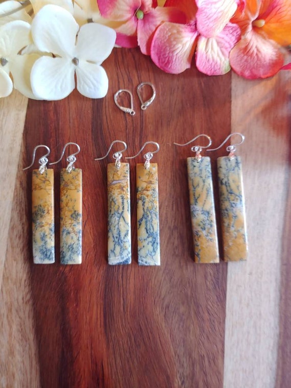 Long rectangle yellow Dendrite opal earrings. Silver yellow dendrite opal earrings.