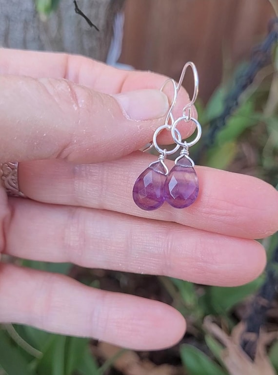 Sterling silver  fluorite earrings.  Dangle drop fluorite earrings. Gold fluorite and rose gold fluorite earrings