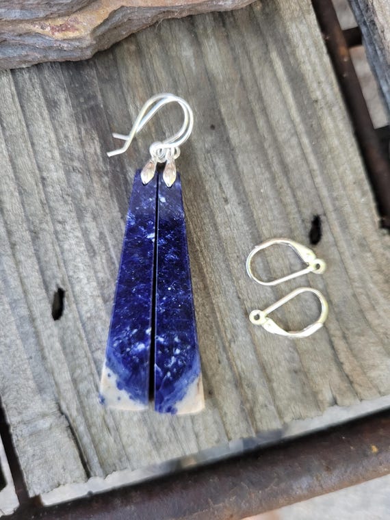 Unique sodalite earrings.  Long sodalite earrings.  Sterling silver sodalite earrings
