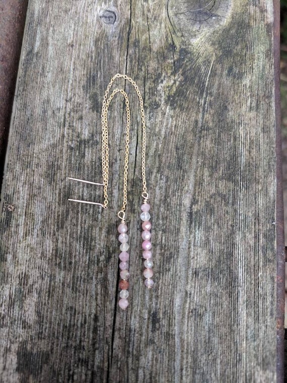 Stacked rose quartz threader earrings. Pink earrings.  Silver, gold filled and rose gold filled available