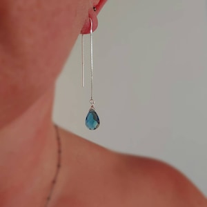 London blue topaz threader earrings. Gold threader earrings. Rose gold topaz, silver threader  London blue topaz earrings.