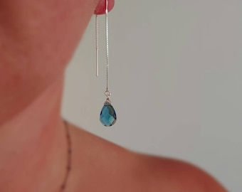 London blue topaz threader earrings. Gold threader earrings. Rose gold topaz, silver threader  London blue topaz earrings.