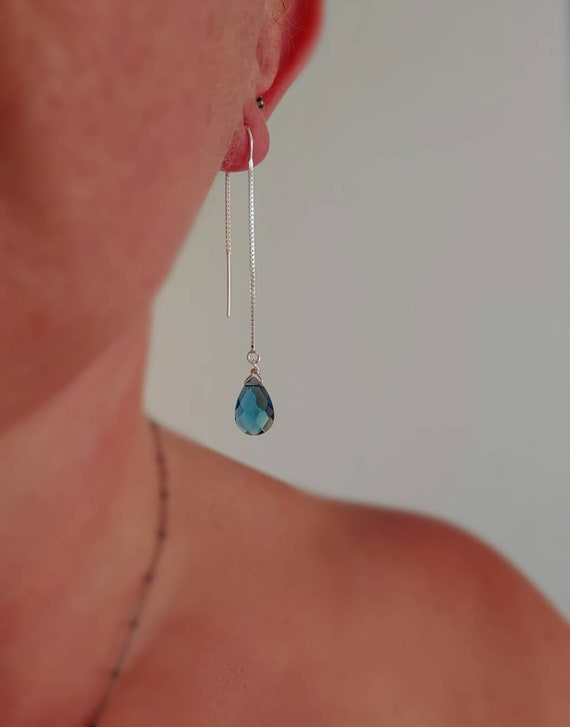 London blue topaz threader earrings. Gold threader earrings. Rose gold topaz, silver threader  London blue topaz earrings.