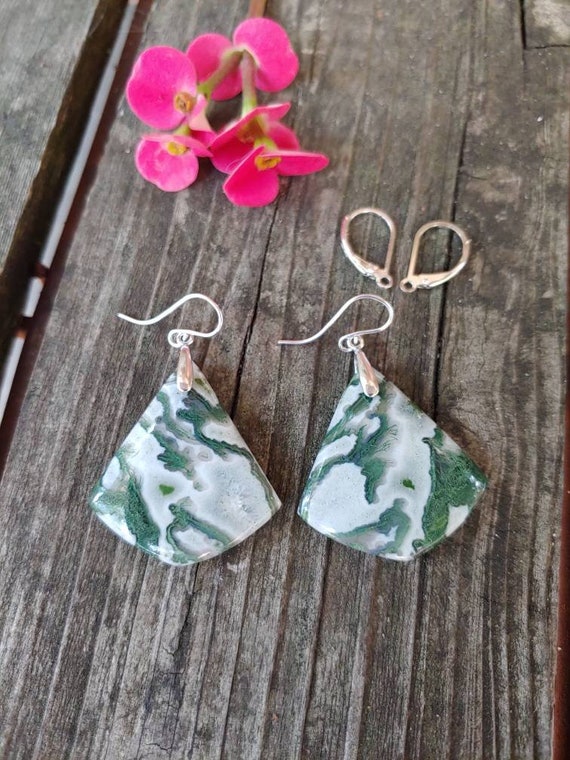 Long silver moss agate earrings.  Unique agate earrings.  Silver green moss agate