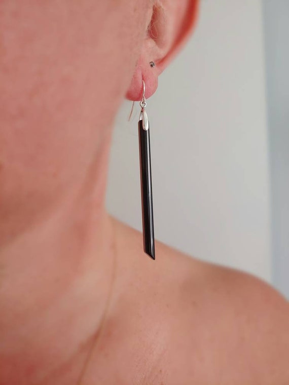 Stick black obsidian stick earrings. Dagger earrings. Silver obsidian earrings