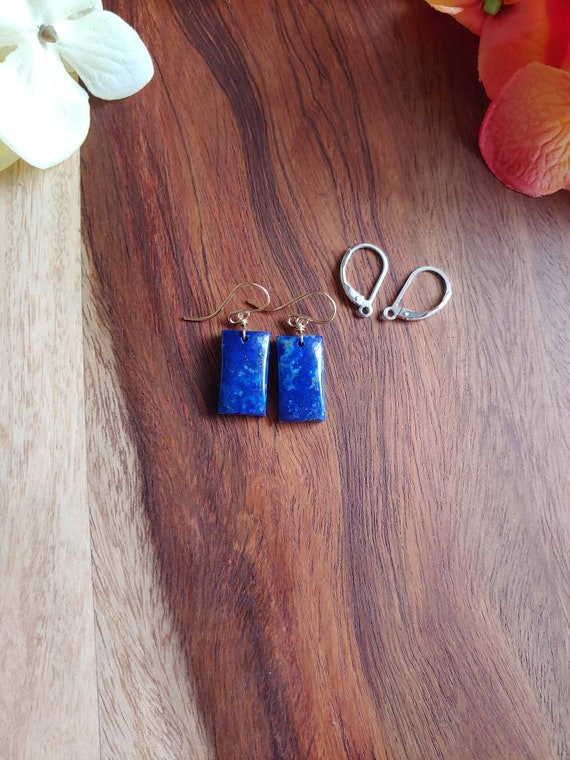 Cushion cut lapis lazuli earrings.   Gold lapis earrings.   Rose gold lapis earrings