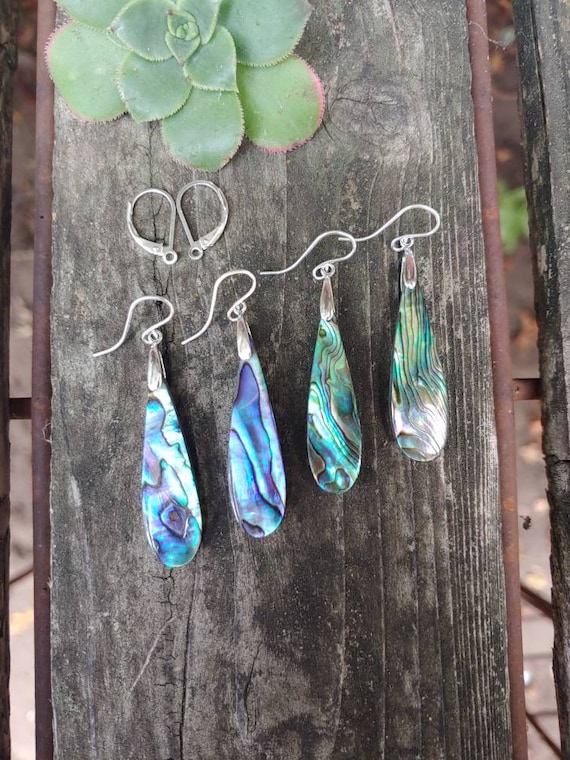 Clearance sale! Medium length abalone shell earrings. Silver shell earrings. Nautical earrings. Rainbow earrings