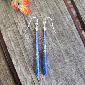 Stick unique denim Lapis lazuli earrings.  Sterling silver lapis earrings.  Long lapis spike earrings
