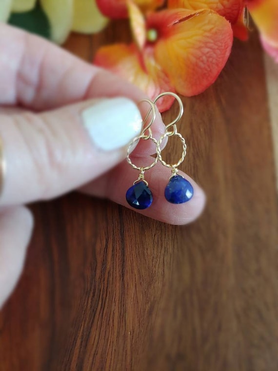 Sweet and dainty lapis earrings. Gold filled or Sterling silver avail. Lapis earrings