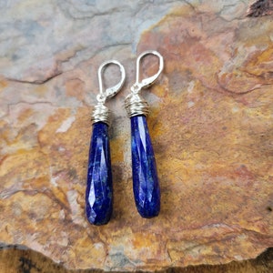 Unique Lapis lazuli earrings. Available in gold filled, rose gold, and Sterling silver.  Long lapis earrings