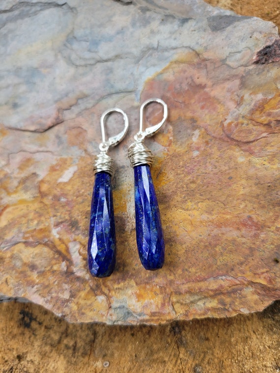 Unique Lapis lazuli earrings. Available in gold filled, rose gold, and Sterling silver.  Long lapis earrings